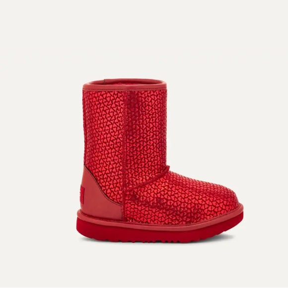 UGG New Girls 3 Classic II Gel Hearts Boots Red Sparkle Plush - Picture 4 of 11